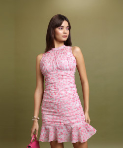 Tokyo Talkies Women Ruffled White, Pink Above Knee/Mid Thigh Length Dress