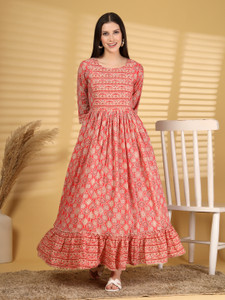 MATRONUT Women Fit and Flare Pink Ankle Length Dress
