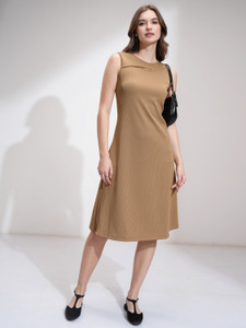 Tokyo Talkies Women Fit and Flare Beige Midi/Calf Length Dress