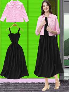 lahaba Women A-line Pink, Black Midi/Calf Length Dress