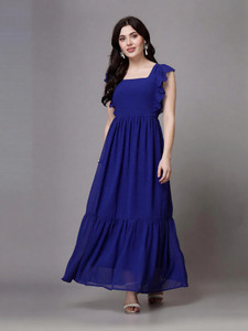 AAYU Women Fit and Flare Dark Blue Midi/Calf Length Dress