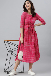 LUKI Women Fit and Flare Pink Midi/Calf Length Dress