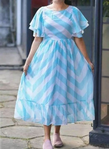Fashion2wear Women Fit and Flare Light Blue, White Midi/Calf Length Dress