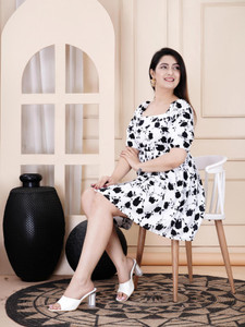 MANOJAVA Women Fit and Flare White, Black Above Knee/Mid Thigh Length Dress