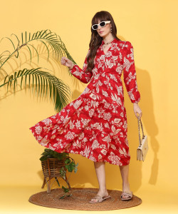 Sheetal Associates Women Fit and Flare Red Below Knee Dress