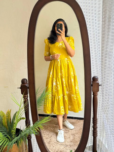 VCJ CREATION Women Gown Yellow Midi/Calf Length Dress