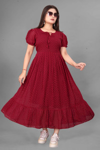 QOOTSFOR Women Fit and Flare Red Maxi/Full Length Dress