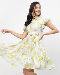 METRONAUT Women A-line White, Grey, Yellow Above Knee/Mid Thigh Length Dress