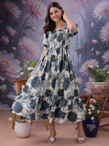 Deklook Women Fit and Flare Blue, White Maxi/Full Length Dress