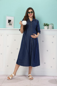 EASYMOM Women Fit and Flare Dark Blue Midi/Calf Length Dress