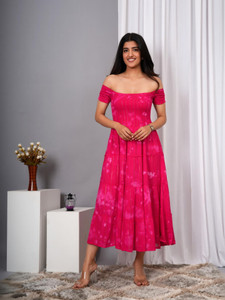 VYMO Women Fit and Flare Pink Midi/Calf Length Dress