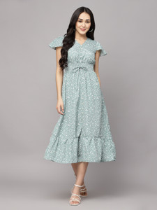AAYU Women Fit and Flare White, Light Blue Midi/Calf Length Dress