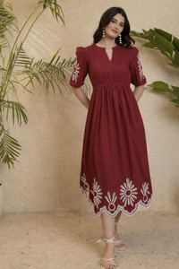 Monvari Women Maxi Maroon Midi/Calf Length Dress