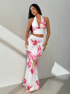 SANEPI Women Two Piece Dress White, Pink Maxi/Full Length Dress