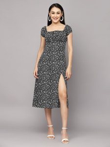 AAYU Women A-line Black, White Midi/Calf Length Dress