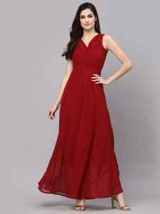 AAYU Women Fit and Flare Maroon Maxi/Full Length Dress