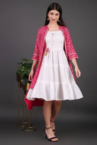 NG Fashion Women Fit and Flare Pink, White Midi/Calf Length Dress