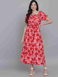 poojagarments Women Fit and Flare Red, White Maxi/Full Length Dress