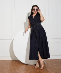 Miss Chase Women Pinafore Dark Blue Midi/Calf Length Dress