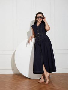 Miss Chase Women Pinafore Dark Blue Midi/Calf Length Dress