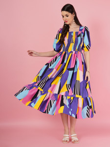 OTABU Women A-line Multicolor Midi/Calf Length Dress