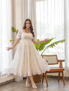 Dream Tree Women Fit and Flare White Maxi/Full Length Dress