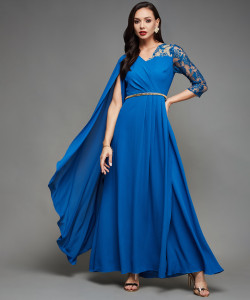Miss Chase Women Asymmetric Blue Maxi/Full Length Dress