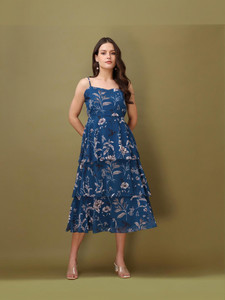 PURVAJA Women Layered Blue Midi/Calf Length Dress
