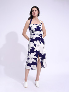 PURVAJA Women A-line Dark Blue Midi/Calf Length Dress