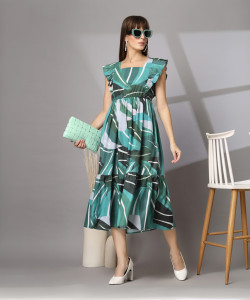 Wordope Women Tiered Dark Green Midi/Calf Length Dress