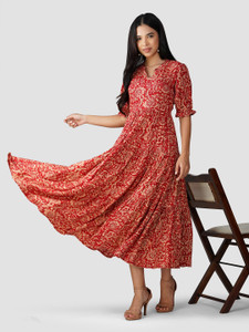 SV SUVEENA Women Fit and Flare Maroon, Multicolor Maxi/Full Length Dress