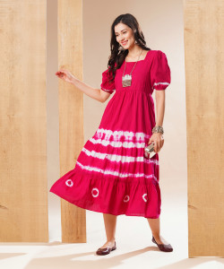 Globus Women Fit and Flare Pink, White Midi/Calf Length Dress