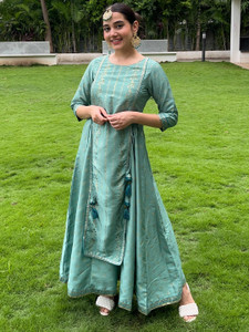 Janasya Women Fit and Flare Green, Gold Midi/Calf Length Dress
