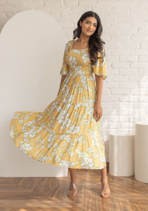 Deklook Women Fit and Flare Yellow Knee Length Dress
