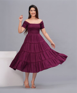 Uktextiles Women Fit and Flare Purple Ankle Length Dress