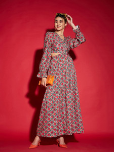SASSAFRAS Women Fit and Flare Multicolor Maxi/Full Length Dress