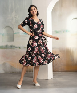 AASK Women Fit and Flare Black Midi/Calf Length Dress