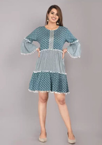 Radhika Fashion Women A-line Dark Blue, White Above Knee/Mid Thigh Length Dress