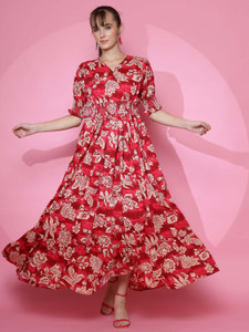 Honky Tonky Women Fit and Flare Red Maxi/Full Length Dress
