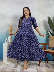 Presha Women Tiered Blue Maxi/Full Length Dress
