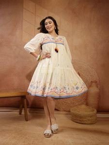 Stylum Women Tiered White Above Knee/Mid Thigh Length Dress