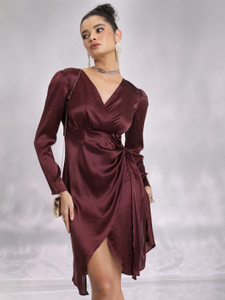 KETCH Women Wrap Brown Above Knee/Mid Thigh Length Dress