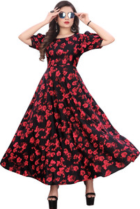 Parth Creation Women Fit and Flare Black, Red Maxi/Full Length Dress