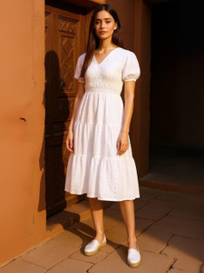 ZUMMER Women Fit and Flare White Midi/Calf Length Dress