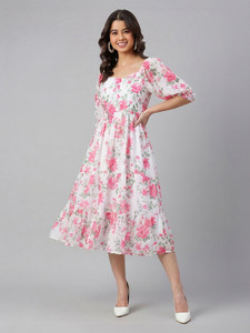 Janasya Women Fit and Flare Multicolor Midi/Calf Length Dress