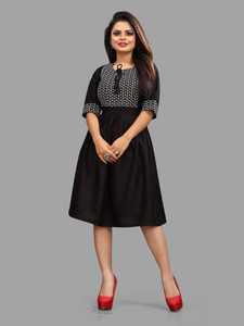 LOZZBY Women Ethnic Dress Black Knee Length Dress