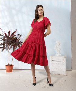 Toochki Women Tiered Red Midi/Calf Length Dress