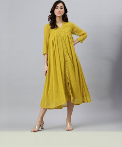 Janasya Women A-line Yellow Midi/Calf Length Dress