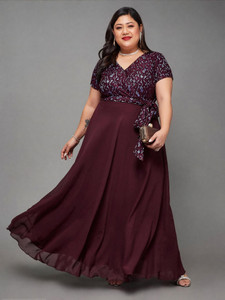 Miss Chase Women Fit and Flare Maroon Maxi/Full Length Dress