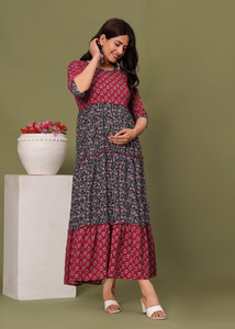 sky fab Women Maxi Maroon, Dark Blue, White Full Length Dress